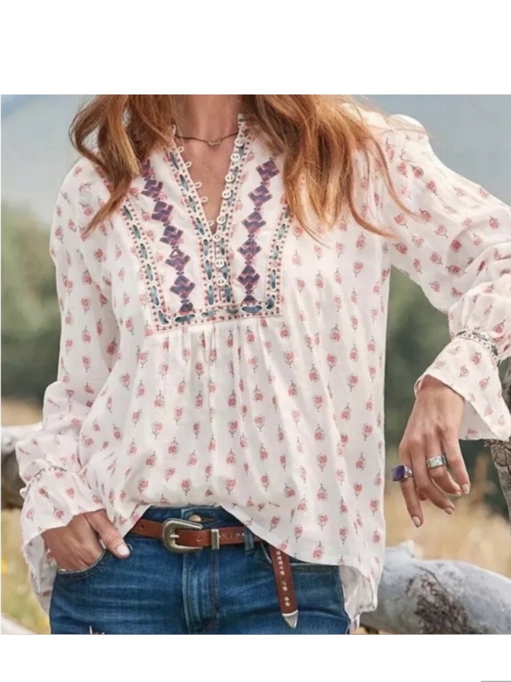 Sundance Great Gallery Embroidered Peasant cotton M boho ruffled cuffs Blouse - Picture 15 of 15